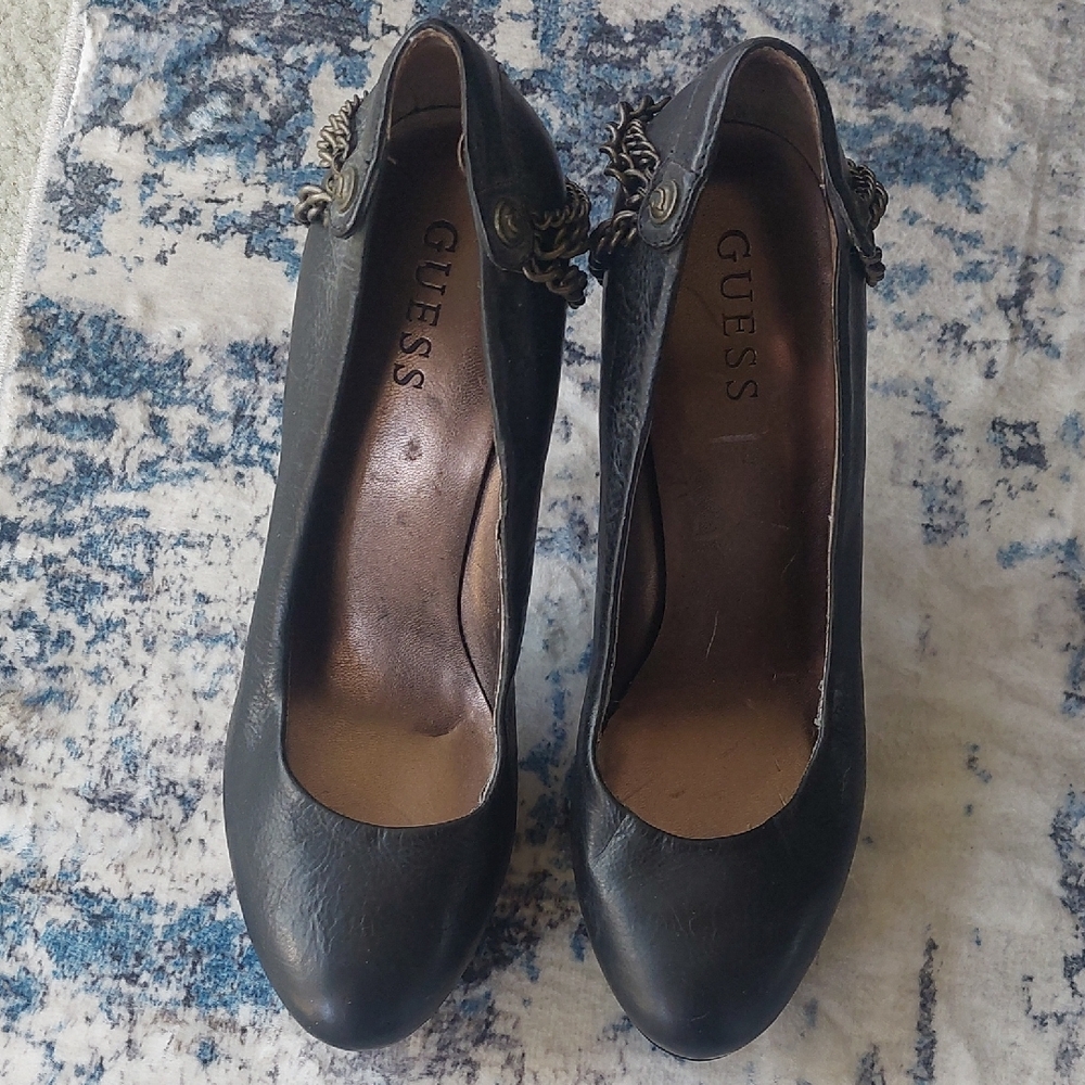 GUESS Black Leather Heels with Chain Detail